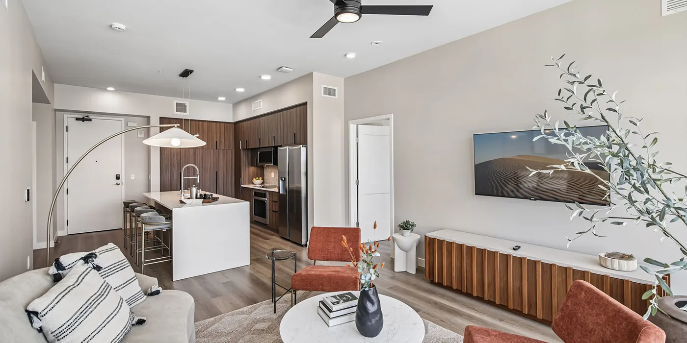 Refined residence interior at The Astrie with contemporary kitchen and open living space